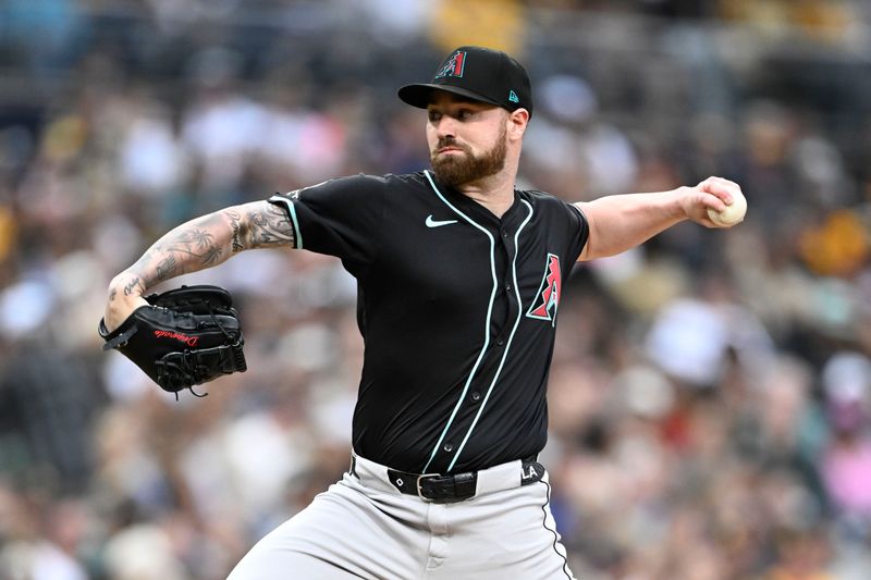 Jun 8, 2024; San Diego, California, USA; Arizona Diamondbacks relief pitcher Logan Allen (22) pitches during the fourth inning against the San Diego Padres at Petco Park. Mandatory Credit: Denis Poroy-USA TODAY Sports at Petco Park. 