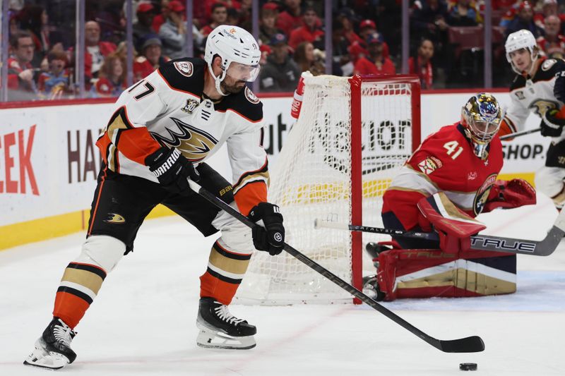 Jan 15, 2024; Sunrise, Florida, USA; Anaheim Ducks left wing Alex Killorn (17) controls the puck against the Florida Panthers during the third period at Amerant Bank Arena. Mandatory Credit: Sam Navarro-USA TODAY Sports