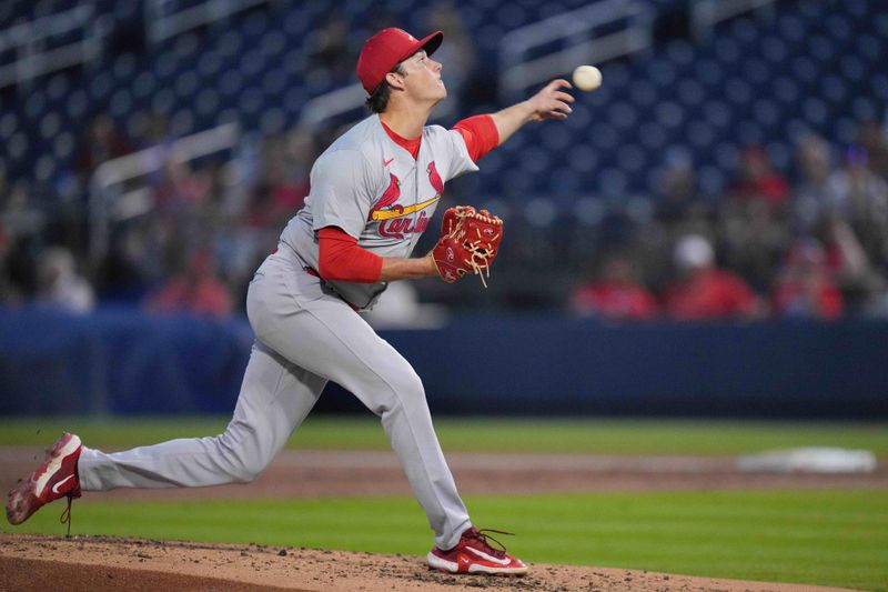 Mar 8, 2024; West Palm Beach, Florida, USA; St. Louis Cardinals pitcher Brycen Mautz (80) pitches in the first inning Washington Nationals at CACTI Park of the Palm Beaches. Mandatory Credit: Jim Rassol-USA TODAY Sports