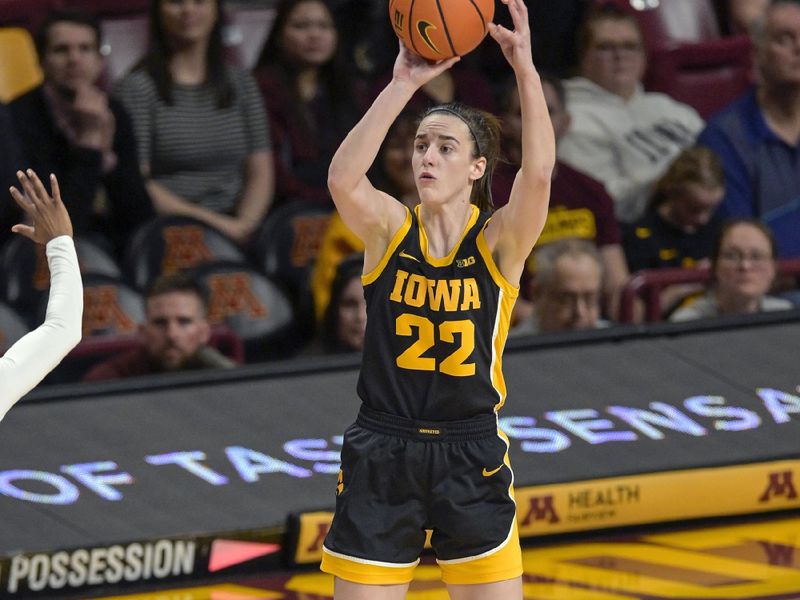 Feb 28, 2024; Minneapolis, Minnesota, USA; Iowa Hawkeyes guard Caitlin Clark (22) attempts a three-pointer against the Minnesota Golden Gophers during the first quarter at Williams Arena. Mandatory Credit: Nick Wosika-USA TODAY Sports