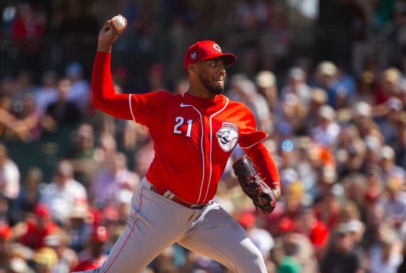 Mar 19, 2024; Tempe, Arizona, USA; Cincinnati Reds pitcher Hunter Greene against the Los Angeles Angels during a spring training game at Tempe Diablo Stadium. Mandatory Credit: Mark J. Rebilas-USA TODAY Sports