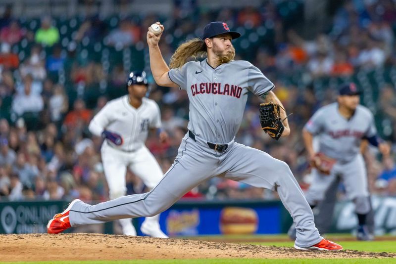 Jul 29, 2024; Detroit, Michigan, USA; Cleveland Guardians pitcher Scott Barlow (58) delivers in the eighth inning against the Detroit Tigers at Comerica Park. Mandatory Credit: David Reginek-USA TODAY Sports