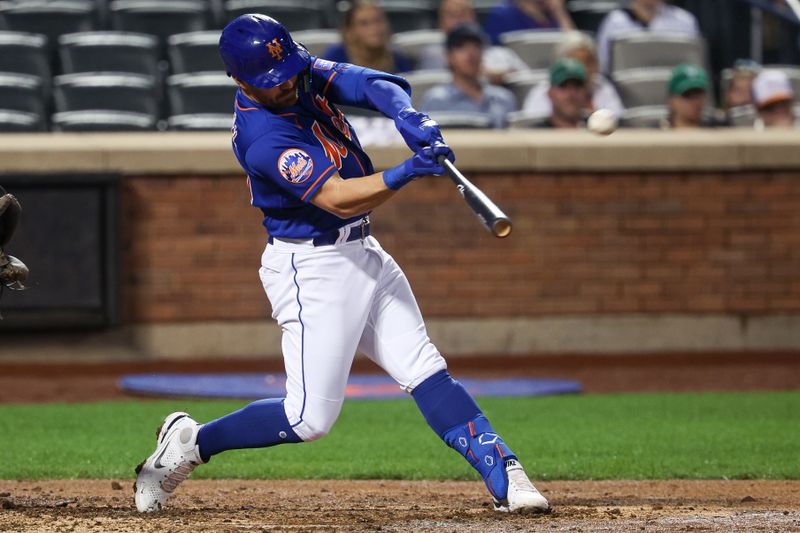 Aug 7, 2023; New York City, New York, USA; New York Mets shortstop Danny Mendick (15) hits a three-run home run during the seventh inning against the Chicago Cubs at Citi Field. Mandatory Credit: Vincent Carchietta-USA TODAY Sports