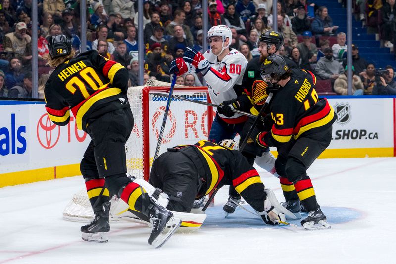 Jan 25, 2025; Vancouver, British Columbia, CAN; Vancouver Canucks forward Danton Heinen (20) and defenseman Quinn Hughes (43) and defenseman Filip Hronek (17) watch as Washington Capitals forward Pierre-Luc Dubois (80) celebrates his goal scored on goalie Kevin Lankinen (32) in the third period at Rogers Arena. Mandatory Credit: Bob Frid-Imagn Images