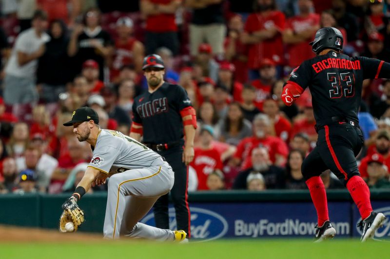 Sep 22, 2023; Cincinnati, Ohio, USA; Pittsburgh Pirates first baseman Jared Triolo (19) tags Cincinnati Reds designated hitter Christian Encarnacion-Strand (33) out at first in the ninth inning at Great American Ball Park. Mandatory Credit: Katie Stratman-USA TODAY Sports