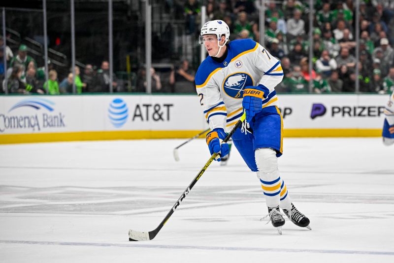 Apr 9, 2024; Dallas, Texas, USA; Buffalo Sabres center Tage Thompson (72) skates against the Dallas Stars during the third period at the American Airlines Center. Mandatory Credit: Jerome Miron-USA TODAY Sports