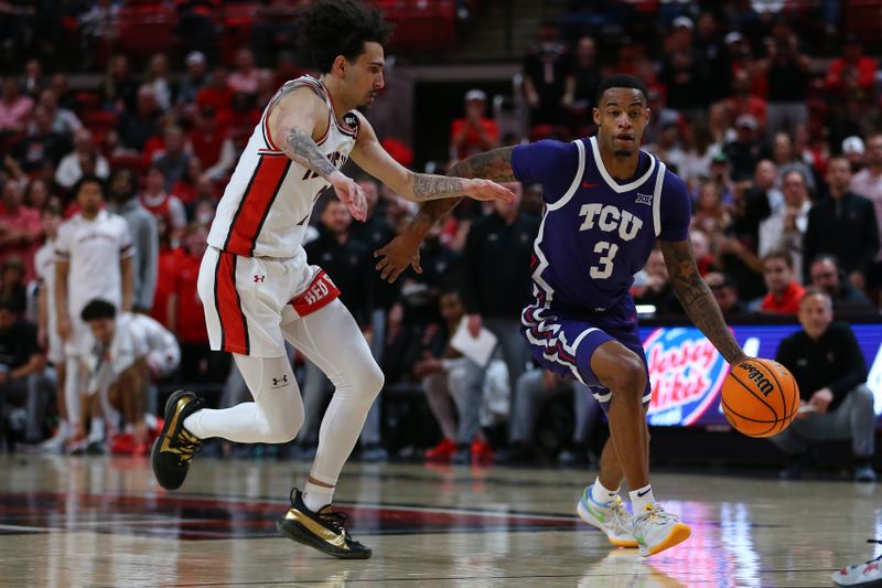 Feb 20, 2024; Lubbock, Texas, USA;  TCU Horned Frogs guard Avery Anderson III (3) dribbles the ball around Texas Tech Red Raiders guard Pop Isaacs (2) in the second half at United Supermarkets Arena. Mandatory Credit: Michael C. Johnson-USA TODAY Sports