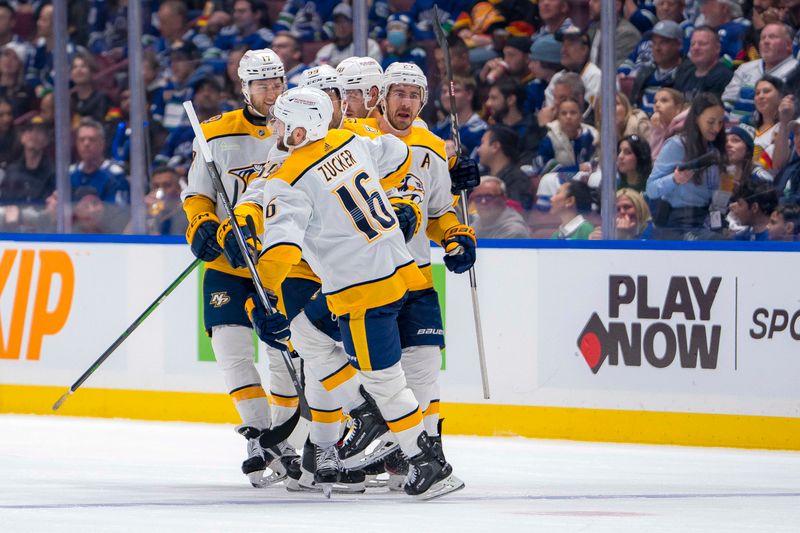 Apr 21, 2024; Vancouver, British Columbia, CAN; Nashville Predators forward Jason Zucker (16) celebrates his goal against the Vancouver Canucks in the first period in game one of the first round of the 2024 Stanley Cup Playoffs at Rogers Arena. Mandatory Credit: Bob Frid-USA TODAY Sports