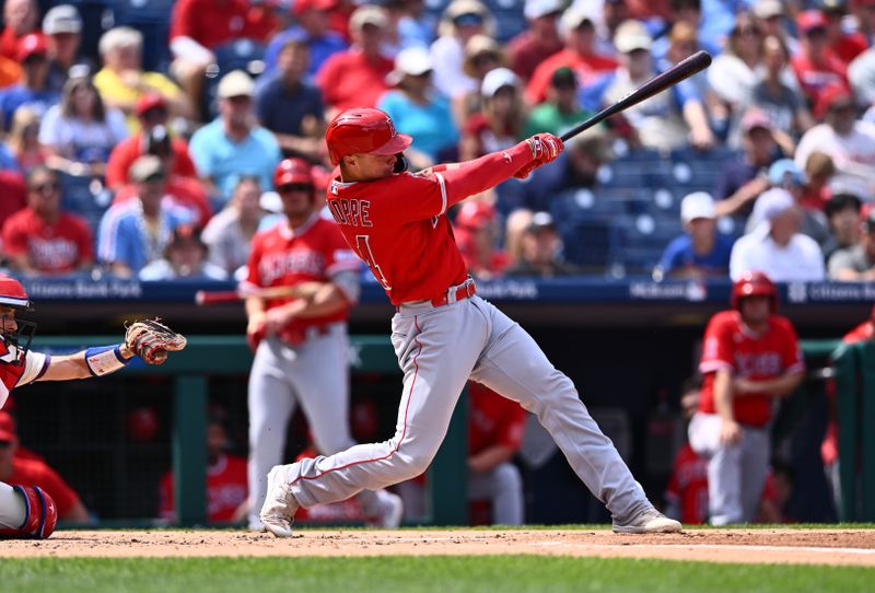 Aug 30, 2023; Philadelphia, Pennsylvania, USA; Los Angeles Angels catcher Logan O'Hoppe (14) hits a double against the Philadelphia Phillies in the second inning at Citizens Bank Park. Mandatory Credit: Kyle Ross-USA TODAY Sports