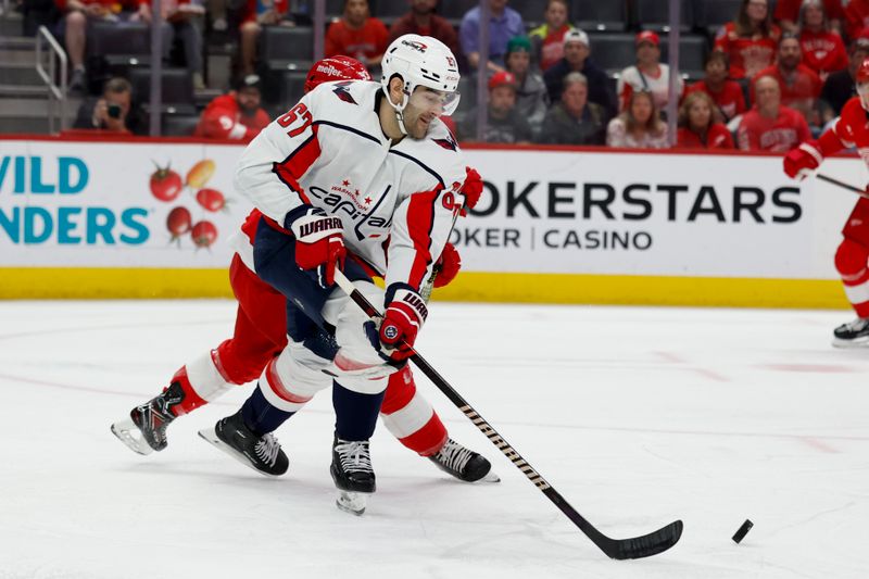 Apr 9, 2024; Detroit, Michigan, USA; Washington Capitals left wing Max Pacioretty (67) skates with the puck in the first period against the Detroit Red Wings at Little Caesars Arena. Mandatory Credit: Rick Osentoski-USA TODAY Sports