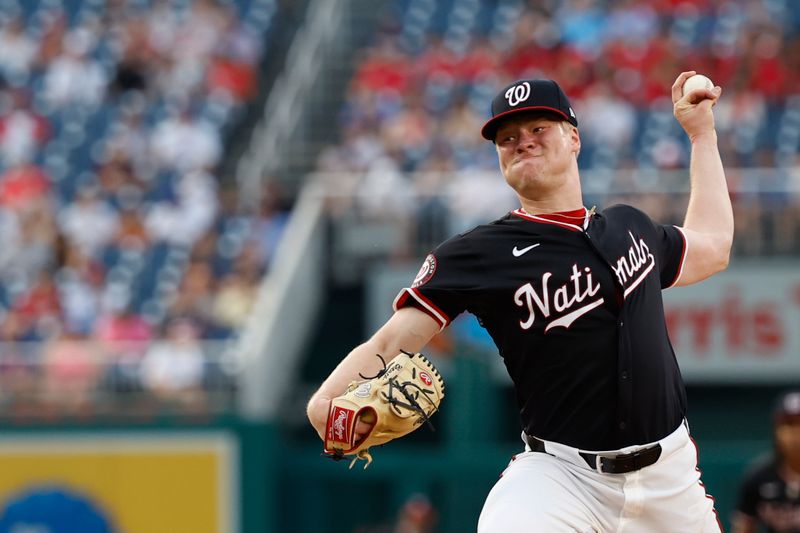 Jun 4, 2024; Washington, District of Columbia, USA; Washington Nationals starting pitcher D J Herz (74) pitches against the New York Mets during the third inning at Nationals Park. Mandatory Credit: Geoff Burke-USA TODAY Sports