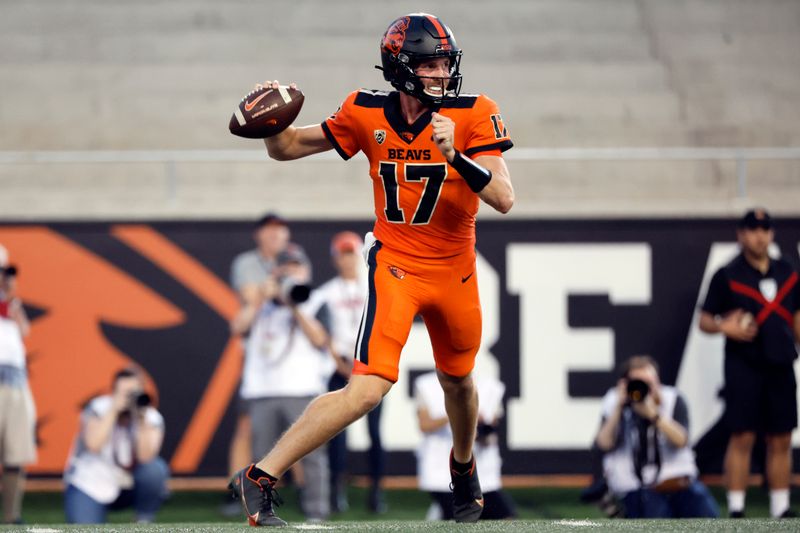 Oct 15, 2022; Corvallis, Oregon, USA; Oregon State Beavers quarterback Ben Gulbranson (17) looks to throw during the first half Washington State Cougars at Reser Stadium. Mandatory Credit: Soobum Im-USA TODAY Sports