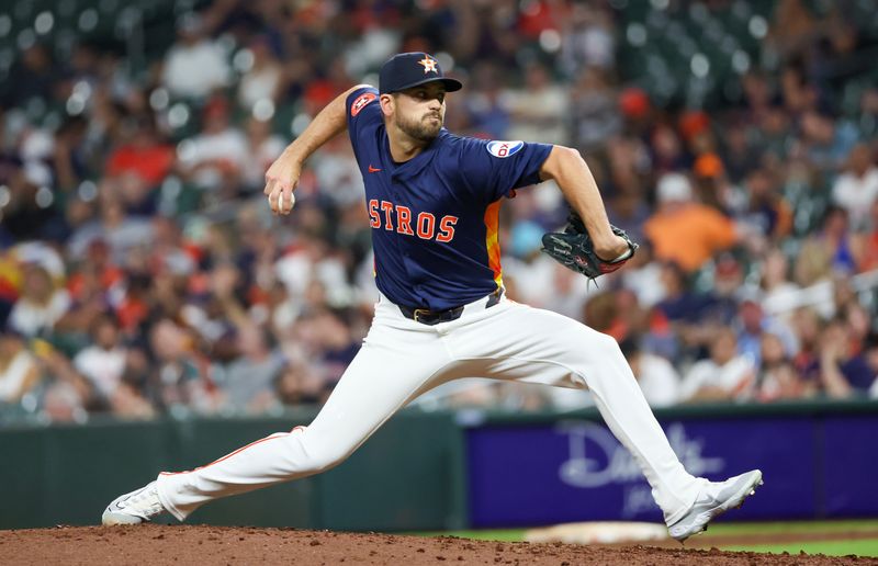 May 15, 2024; Houston, Texas, USA; Houston Astros pitcher Seth Martinez (61) pitches against the Oakland Athletics in the eighth inning at Minute Maid Park. Mandatory Credit: Thomas Shea-USA TODAY Sports