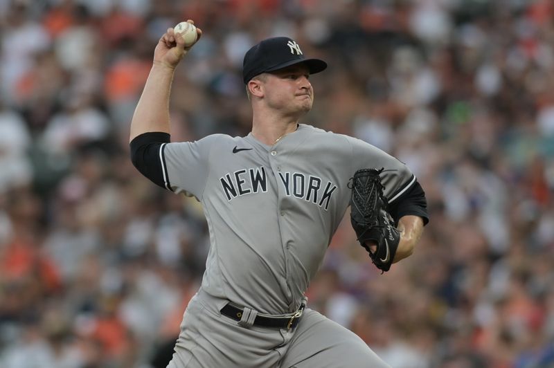 Jul 29, 2023; Baltimore, Maryland, USA;  New York Yankees starting pitcher Clarke Schmidt (36)m twos a second inning pitch against the Baltimore Orioles at Oriole Park at Camden Yards. Mandatory Credit: Tommy Gilligan-USA TODAY Sports