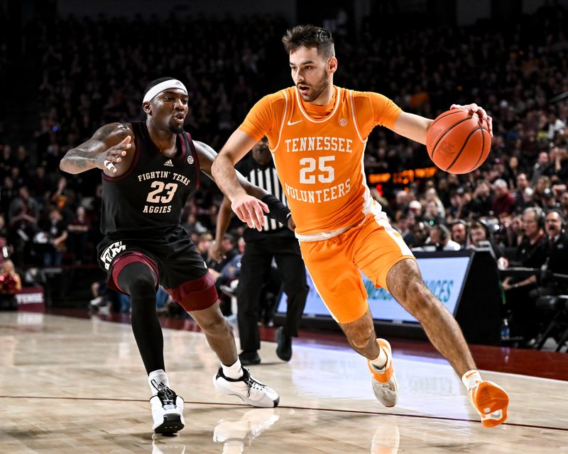 Feb 21, 2023; College Station, Texas, USA;  Tennessee Volunteers guard Santiago Vescovi (25) controls the ball against Texas A&M Aggies guard Tyrece Radford (23) during the first half at Reed Arena. Mandatory Credit: Maria Lysaker-USA TODAY Sports