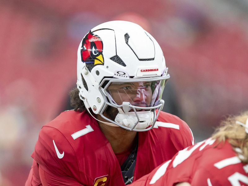 Arizona Cardinals quarterback Kyler Murray (1) warms up before playing against the Los Angeles Rams in an NFL football game, Sunday, Sept. 15, 2024, in Glendale, Ariz. (AP Photo/Jeff Lewis)