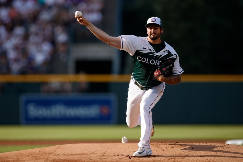 Jul 15, 2023; Denver, Colorado, USA; Colorado Rockies starting pitcher Connor Seabold (43) pitches in the first inning against the New York Yankees at Coors Field. Mandatory Credit: Isaiah J. Downing-USA TODAY Sports