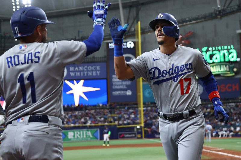 May 27, 2023; St. Petersburg, Florida, USA;  Los Angeles Dodgers second baseman Miguel Vargas (17) celebrates with shortstop Miguel Rojas (11) after hitting a home run during the eighth inning against the Tampa Bay Rays at Tropicana Field. Mandatory Credit: Kim Klement-USA TODAY Sports