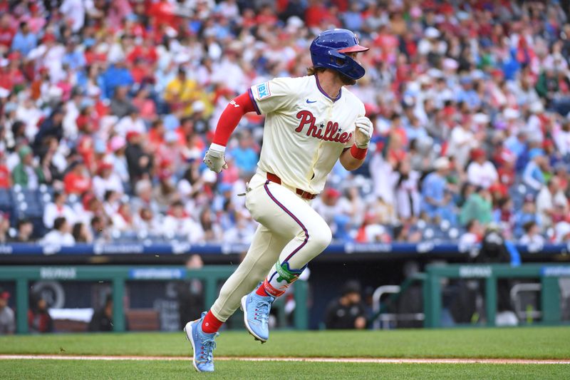 May 4, 2025; Philadelphia, Pennsylvania, USA; Philadelphia Phillies first base Bryce Harper (3) watches his home run during the first inning against the Arizona Diamondbacks at Citizens Bank Park. Mandatory Credit: Eric Hartline-Imagn Images