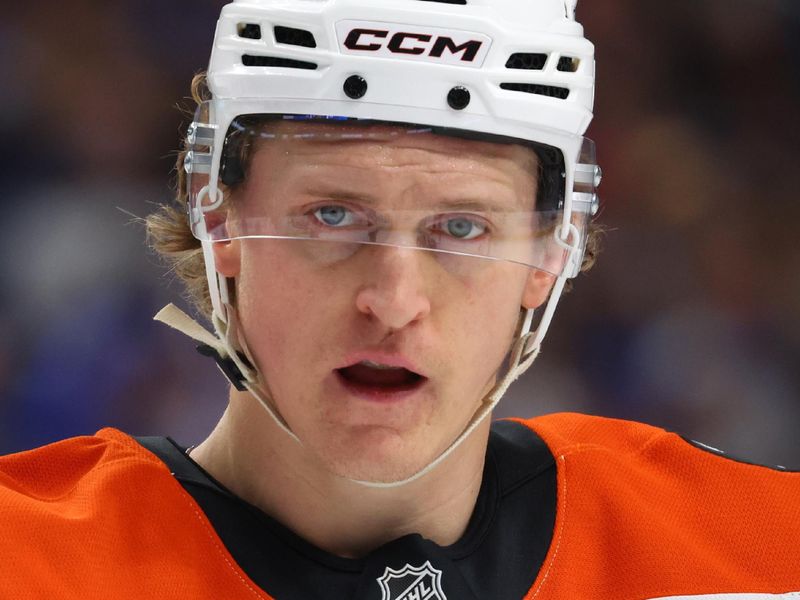 Jan 14, 2026; Buffalo, New York, USA;  Philadelphia Flyers center Christian Dvorak (22) waits for the face-off during the first period against the Buffalo Sabres at KeyBank Center. Mandatory Credit: Timothy T. Ludwig-Imagn Images