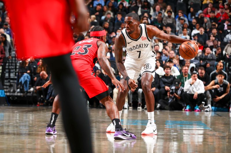 BROOKLYN, NY - OCTOBER 18: Shake Milton #7 of the Brooklyn Nets dribbles the ball during the game on October 18, 2024 at Barclays Center in Brooklyn, New York. NOTE TO USER: User expressly acknowledges and agrees that, by downloading and or using this Photograph, user is consenting to the terms and conditions of the Getty Images License Agreement. Mandatory Copyright Notice: Copyright 2024 NBAE (Photo by David L. Nemec/NBAE via Getty Images)