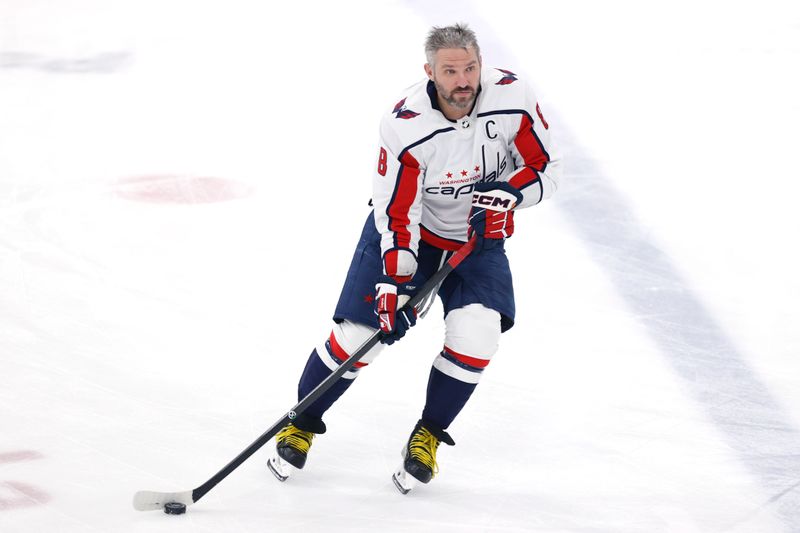 Mar 11, 2024; Winnipeg, Manitoba, CAN; Washington Capitals left wing Alex Ovechkin (8) warms up before a game against the Winnipeg Jets at Canada Life Centre. Mandatory Credit: James Carey Lauder-USA TODAY Sports