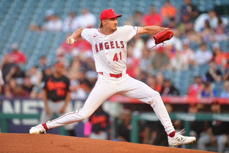 May 10, 2025; Anaheim, California, USA; Los Angeles Angels pitcher Jack Kochanowicz (41) throws against the Baltimore Orioles during the first inning at Angel Stadium. Mandatory Credit: Gary A. Vasquez-Imagn Images