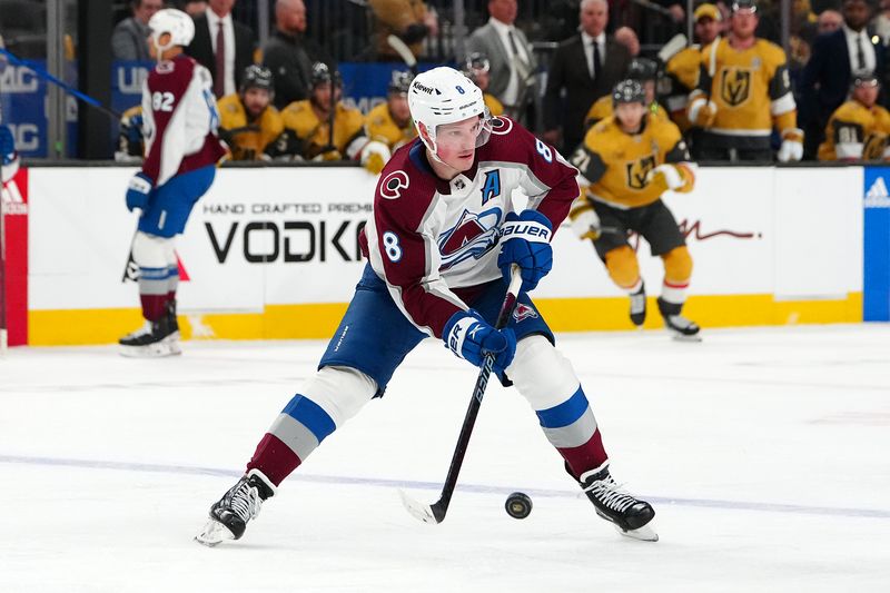 Apr 14, 2024; Las Vegas, Nevada, USA; Colorado Avalanche defenseman Cale Makar (8) skates against the Vegas Golden Knights during the second period at T-Mobile Arena. Mandatory Credit: Stephen R. Sylvanie-USA TODAY Sports