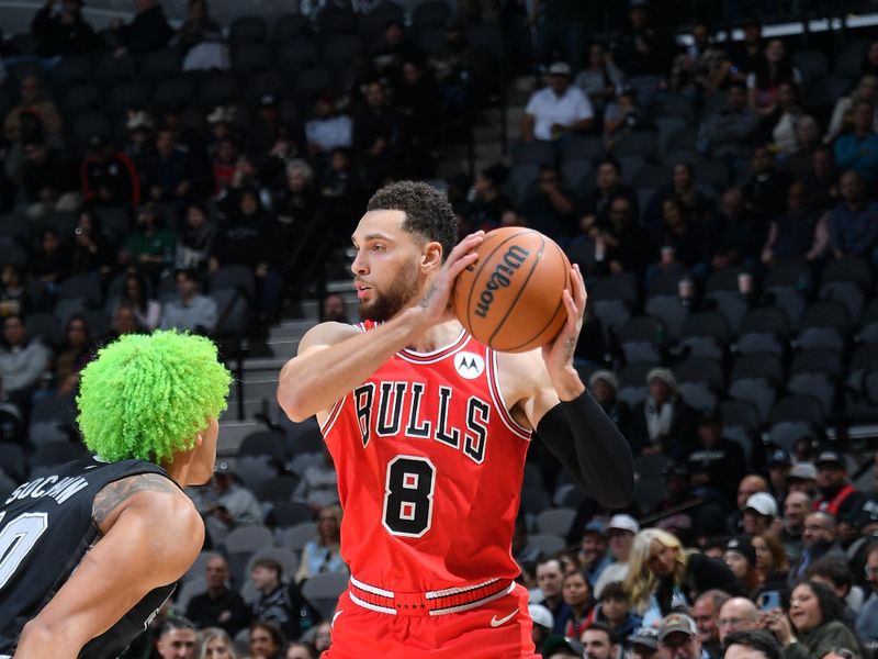 SAN ANTONIO, TX - DECEMBER 5: Zach LaVine #8 of the Chicago Bulls looks to pass the ball during the game against the San Antonio Spurs on December 5, 2024 at the Frost Bank Center in San Antonio, Texas. NOTE TO USER: User expressly acknowledges and agrees that, by downloading and or using this photograph, user is consenting to the terms and conditions of the Getty Images License Agreement. Mandatory Copyright Notice: Copyright 2024 NBAE (Photos by Michael Gonzales/NBAE via Getty Images)