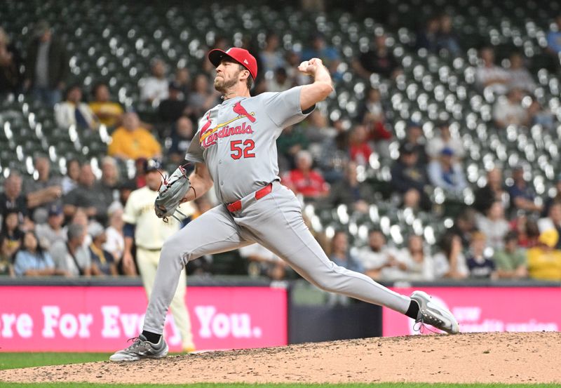 Sep 3, 2024; Milwaukee, Wisconsin, USA; St. Louis Cardinals pitcher Matthew Liberatore (52) delivers a pitch against the Milwaukee Brewers in the ninth inning at American Family Field. Mandatory Credit: Michael McLoone-Imagn Images