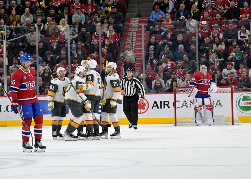 Nov 16, 2023; Montreal, Quebec, CAN; Vegas Golden Knights including forward Jack Eichel (9) celebrates after a goal against the Montreal Canadiens during the second period at the Bell Centre. Mandatory Credit: Eric Bolte-USA TODAY Sports