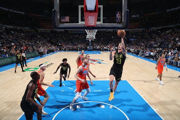 OKLAHOMA CITY, OK - DECEMBER 11: Luka Samanic #19 of the Utah Jazz shoots the ball during the game against the Oklahoma City Thunder on December 11, 2023 at Paycom Arena in Oklahoma City, Oklahoma. NOTE TO USER: User expressly acknowledges and agrees that, by downloading and or using this photograph, User is consenting to the terms and conditions of the Getty Images License Agreement. Mandatory Copyright Notice: Copyright 2023 NBAE (Photo by Zach Beeker/NBAE via Getty Images)