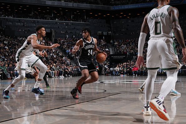 BROOKLYN, NY - DECEMBER 27: Cam Thomas #24 of the Brooklyn Nets drives to the basket during the game against the Milwaukee Bucks on December 27, 2023 at Barclays Center in Brooklyn, New York. NOTE TO USER: User expressly acknowledges and agrees that, by downloading and or using this Photograph, user is consenting to the terms and conditions of the Getty Images License Agreement. Mandatory Copyright Notice: Copyright 2023 NBAE (Photo by Jesse D. Garrabrant/NBAE via Getty Images)