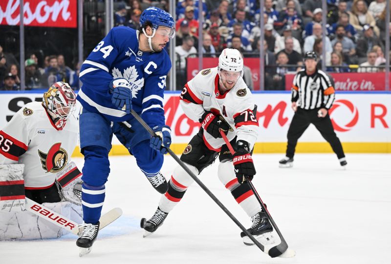 Mar 15, 2025; Toronto, Ontario, CAN;  Toronto Maple Leafs forward Auston Matthews (34) deflects the puck as Ottawa Senators defenseman Thomas Chabot (72) and goalie Linus Ullmark (35) defend in the first period at Scotiabank Arena. Mandatory Credit: Dan Hamilton-Imagn Images