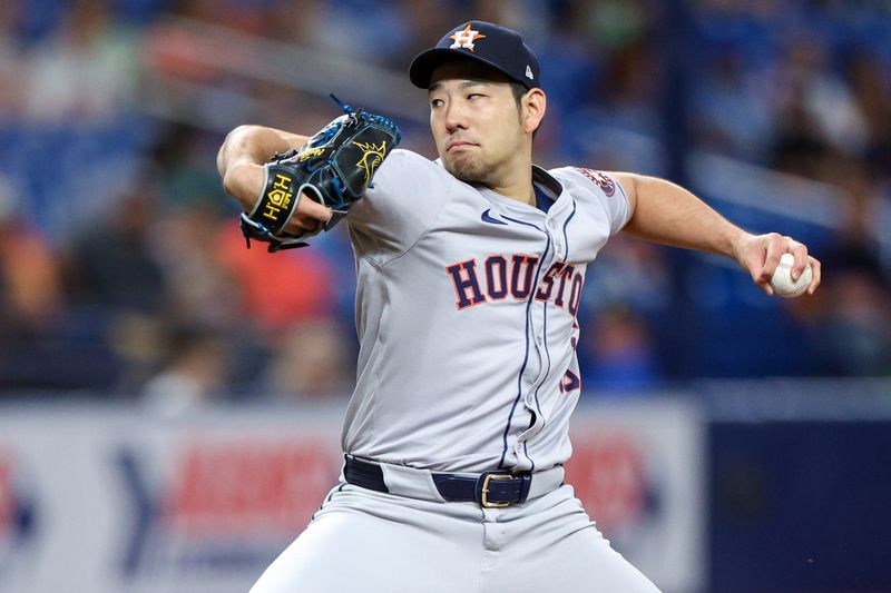 Aug 13, 2024; St. Petersburg, Florida, USA; Houston Astros pitcher Yusei Kikuchi (16) throws a pitch against the Houston Astros in the first inning at Tropicana Field. Mandatory Credit: Nathan Ray Seebeck-USA TODAY Sports