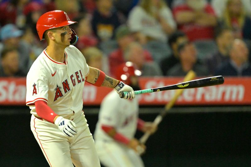 Jun 4, 2024; Anaheim, California, USA;  Los Angeles Angels shortstop Zach Neto (9) doubles in two runs in the seventh inning against the San Diego Padres at Angel Stadium. Mandatory Credit: Jayne Kamin-Oncea-USA TODAY Sports