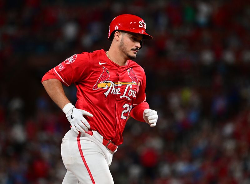 Aug 17, 2024; St. Louis, Missouri, USA;  St. Louis Cardinals third base Nolan Arenado (28) rounds third base after he hit a solo home run against the Los Angeles Dodgers in the eighth inning at Busch Stadium. Mandatory Credit: Tim Vizer-USA TODAY Sports