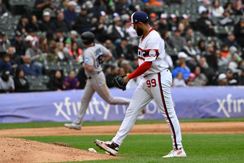 Jun 11, 2023; Chicago, Illinois, USA;  Chicago White Sox relief pitcher Keynan Middleton (99) after Miami Marlins first baseman Garrett Cooper (26) hits a home run against the Chicago White Sox during the eighth inning at Guaranteed Rate Field. Mandatory Credit: Matt Marton-USA TODAY Sports