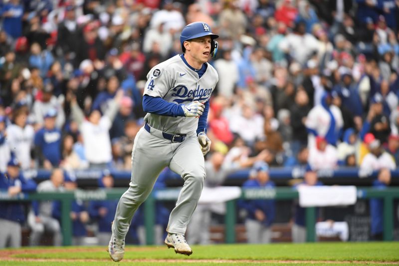 Apr 6, 2025; Philadelphia, Pennsylvania, USA; Los Angeles Dodgers catcher Will Smith (16) watches his RBI double during the seventh inning against the Philadelphia Phillies at Citizens Bank Park. Mandatory Credit: Eric Hartline-Imagn Images