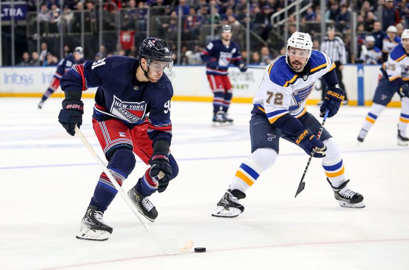 Mar 9, 2024; New York, New York, USA; New York Rangers center Alex Wennberg (91) skates in with the puck against St. Louis Blues defenseman Justin Faulk (72) who was called for hooking during the second period at Madison Square Garden. Mandatory Credit: Danny Wild-USA TODAY Sports