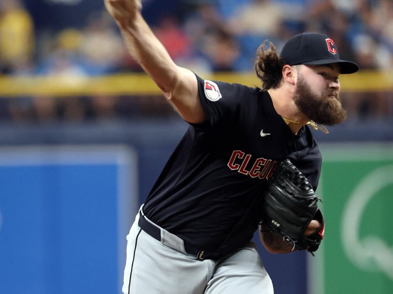 Jul 14, 2024; St. Petersburg, Florida, USA;  Cleveland Guardians pitcher Hunter Gaddis (33) throws a pitch against the Tampa Bay Rays during the eighth inning at Tropicana Field. Mandatory Credit: Kim Klement Neitzel-USA TODAY Sports