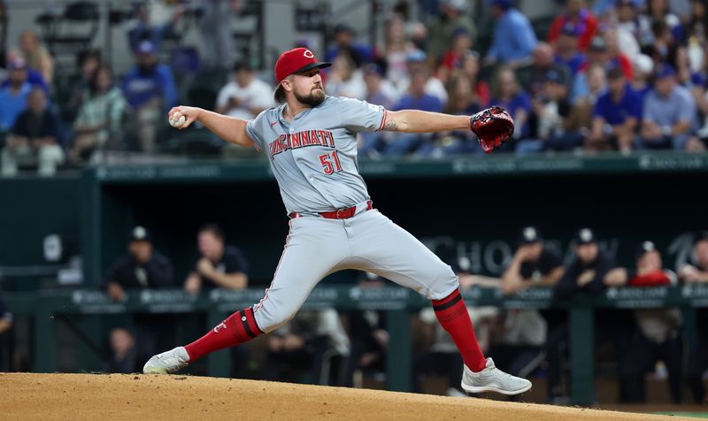 Apr 26, 2024; Arlington, Texas, USA;  Cincinnati Reds starting pitcher Graham Ashcraft (51) throws during the first inning against the Texas Rangers at Globe Life Field. Mandatory Credit: Kevin Jairaj-USA TODAY Sports