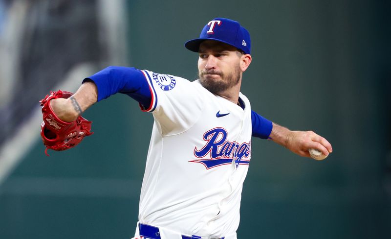 Jun 19, 2024; Arlington, Texas, USA; Texas Rangers starting pitcher Andrew Heaney (44) throws during the first inning against the New York Mets at Globe Life Field. Mandatory Credit: Kevin Jairaj-USA TODAY Sports