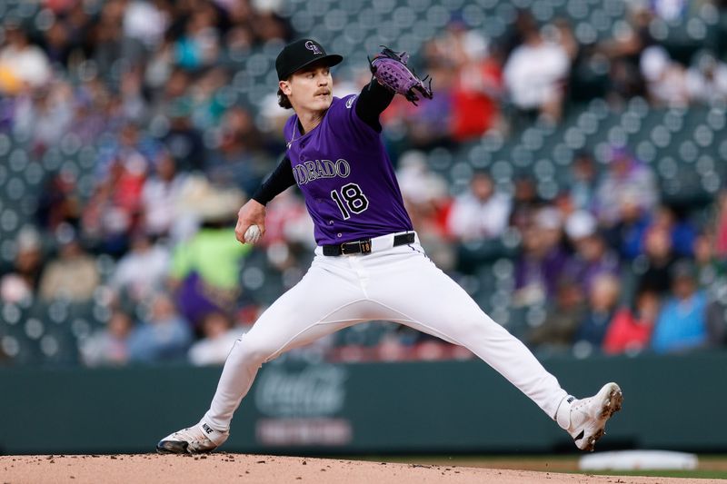 Apr 28, 2025; Denver, Colorado, USA; Colorado Rockies starting pitcher Ryan Feltner (18) pitches in the first inning against the Atlanta Braves at Coors Field. Mandatory Credit: Isaiah J. Downing-Imagn Images