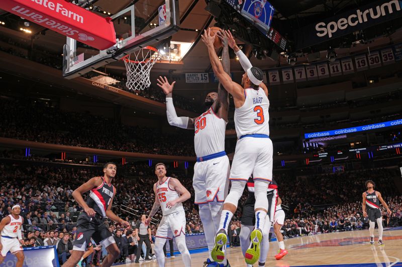 NEW YORK, NY - JANUARY 9: Julius Randle #30 of the New York Knicks rebounds the ball during the game against the Portland Trail Blazers on January 9, 2024 at Madison Square Garden in New York City, New York.  NOTE TO USER: User expressly acknowledges and agrees that, by downloading and or using this photograph, User is consenting to the terms and conditions of the Getty Images License Agreement. Mandatory Copyright Notice: Copyright 2024 NBAE  (Photo by Jesse D. Garrabrant/NBAE via Getty Images)