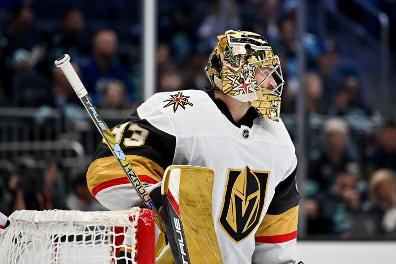 Oct 15, 2022; Seattle, Washington, USA; Vegas Golden Knights goaltender Adin Hill (33) during the third period against the Seattle Kraken at Climate Pledge Arena. Vegas defeated defeated Seattle 5-2. Mandatory Credit: Steven Bisig-USA TODAY Sports