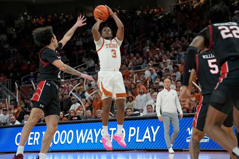 Jan 6, 2024; Austin, Texas, USA; Texas Longhorns guard Max Abmas (3) shoots over Texas Tech Red Raiders guard Pop Isaacs (2) during the first half at Moody Center. Mandatory Credit: Scott Wachter-USA TODAY Sports