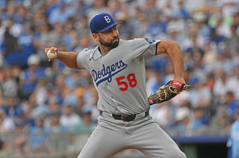 Jun 29, 2025; Kansas City, Missouri, USA;  Los Angeles Dodgers starting pitcher Lou Trivino (58) throws a pitch in the first inning against the Kansas City Royals at Kauffman Stadium. Mandatory Credit: Peter Aiken-Imagn Images