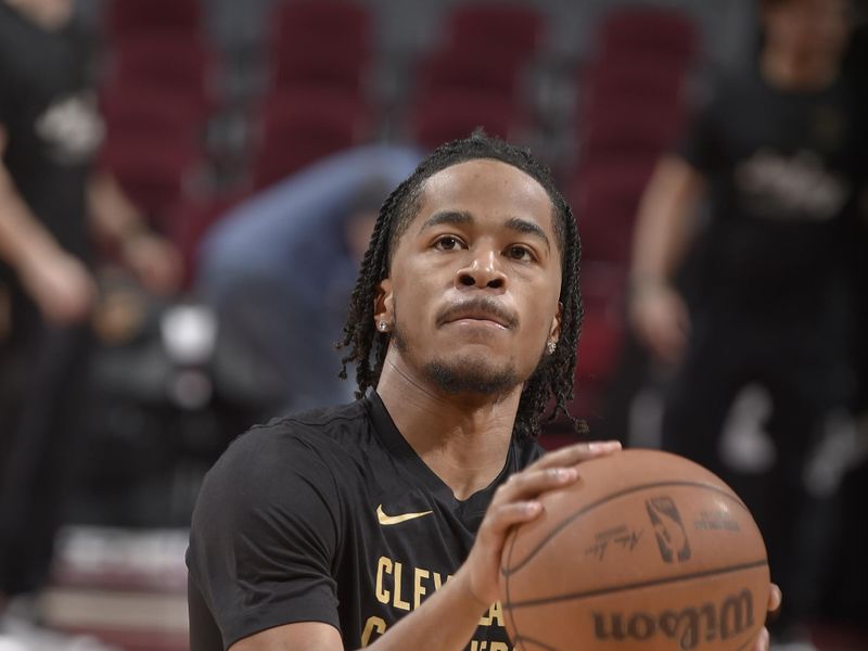 CLEVELAND, OH - FEBRUARY 27: Sharife Cooper #00 of the Cleveland Cavaliers warms up before the game against the Dallas Mavericks on February 27, 2024 at Rocket Mortgage FieldHouse in Cleveland, Ohio. NOTE TO USER: User expressly acknowledges and agrees that, by downloading and/or using this Photograph, user is consenting to the terms and conditions of the Getty Images License Agreement. Mandatory Copyright Notice: Copyright 2024 NBAE (Photo by David Liam Kyle/NBAE via Getty Images)