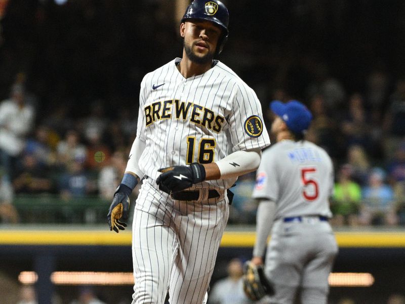 Sep 30, 2023; Milwaukee, Wisconsin, USA; Milwaukee Brewers right fielder Blake Perkins (16) rounds the bases after hitting a home run against the Chicago Cubs in the second inning at American Family Field. Mandatory Credit: Michael McLoone-USA TODAY Sports